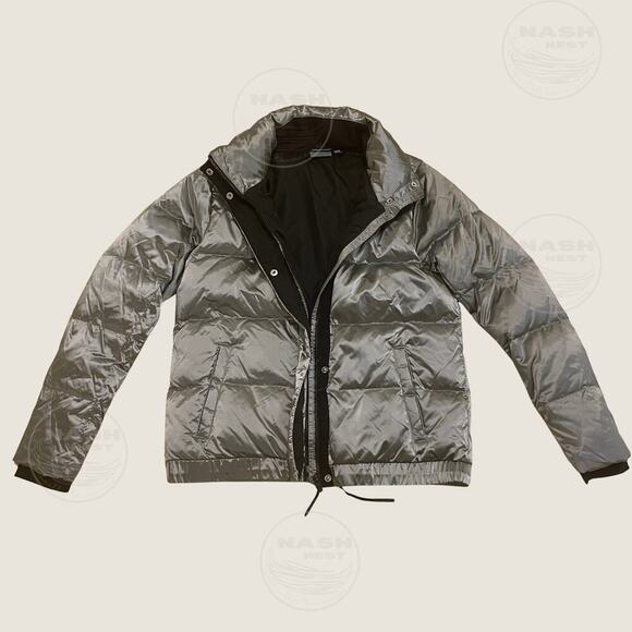 Athleta M Metallic Gray Goose Down Puffer Jacket | 90% Down Warm Silver Coat - Picture 9 of 9